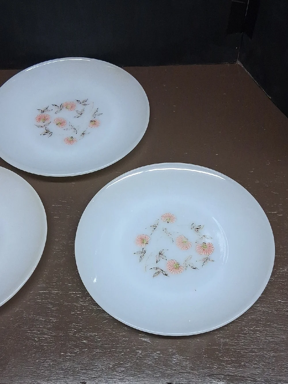 Fire King Fleurette‎ Milk Glass Dinner Plates -3 pc. With Pink Floral (#1)